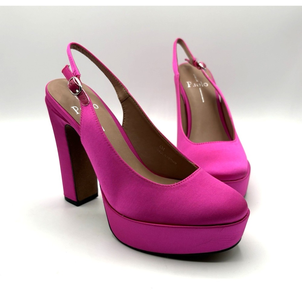 "NEW" LINEA PAOLO Ivie Platform Women Size 6 Fuchsia Satin Sling Back Heels NIB